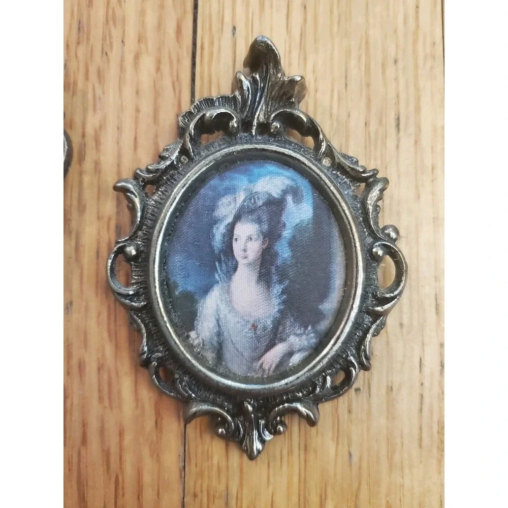 Set of Antique Mini Victorian Ornate Italian Silk Cameo Art Picture Brass Frames